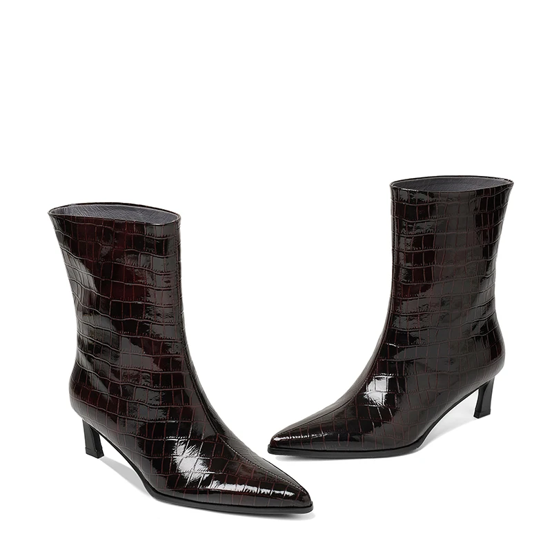 SmallHut New Trend 2027 Women Autumn Winter Split Leather Pattern Ankle Boots Gray Brown Thin Heels Pointed Toe Slip-On Boots