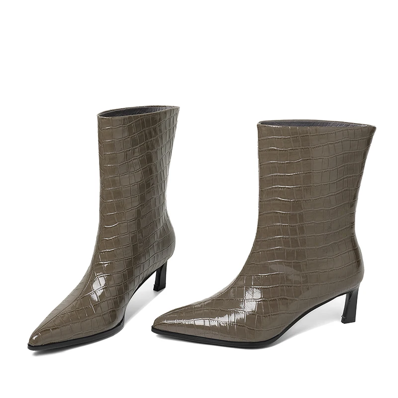 SmallHut New Trend 2027 Women Autumn Winter Split Leather Pattern Ankle Boots Gray Brown Thin Heels Pointed Toe Slip-On Boots
