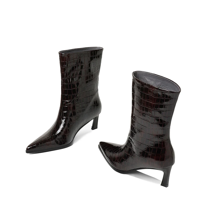 SmallHut New Trend 2027 Women Autumn Winter Split Leather Pattern Ankle Boots Gray Brown Thin Heels Pointed Toe Slip-On Boots