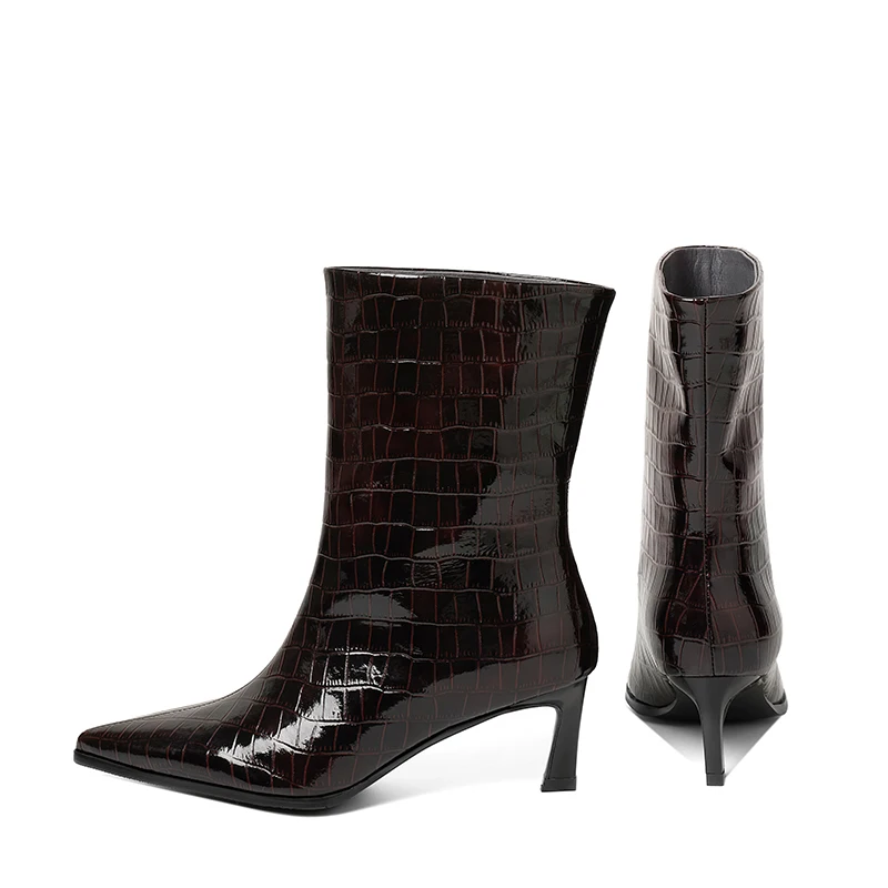 SmallHut New Trend 2027 Women Autumn Winter Split Leather Pattern Ankle Boots Gray Brown Thin Heels Pointed Toe Slip-On Boots