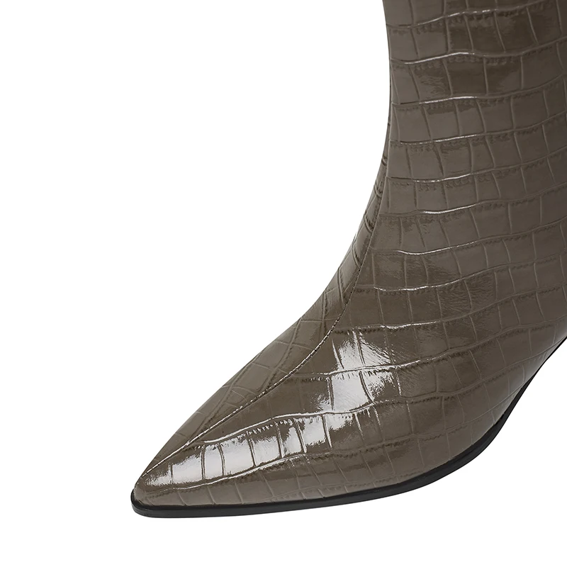 SmallHut New Trend 2027 Women Autumn Winter Split Leather Pattern Ankle Boots Gray Brown Thin Heels Pointed Toe Slip-On Boots