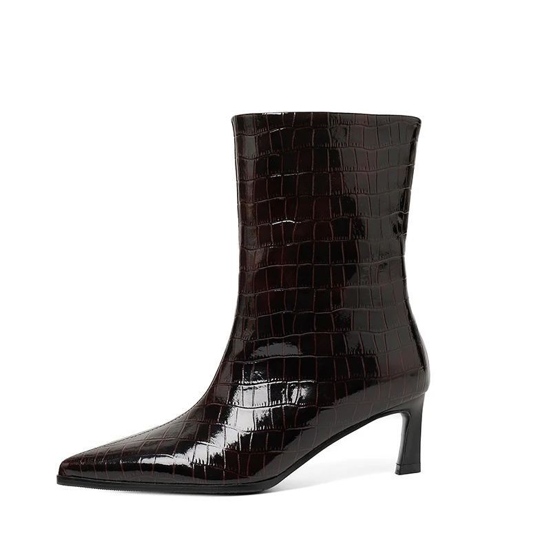 SmallHut New Trend 2027 Women Autumn Winter Split Leather Pattern Ankle Boots Gray Brown Thin Heels Pointed Toe Slip-On Boots