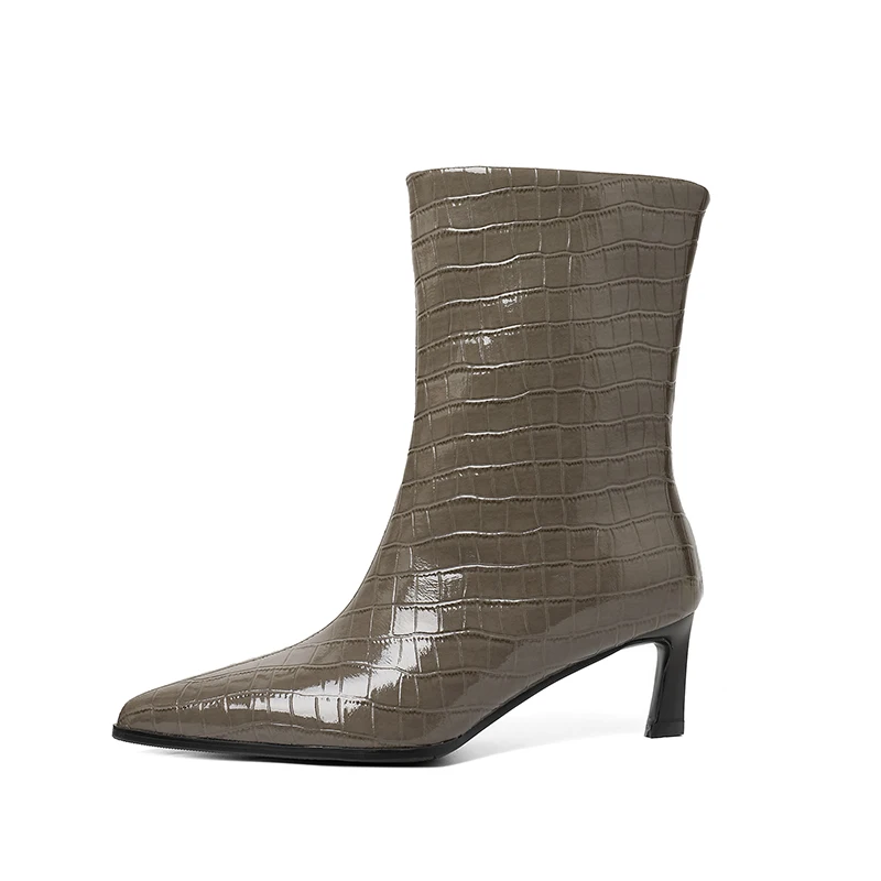 SmallHut New Trend 2027 Women Autumn Winter Split Leather Pattern Ankle Boots Gray Brown Thin Heels Pointed Toe Slip-On Boots