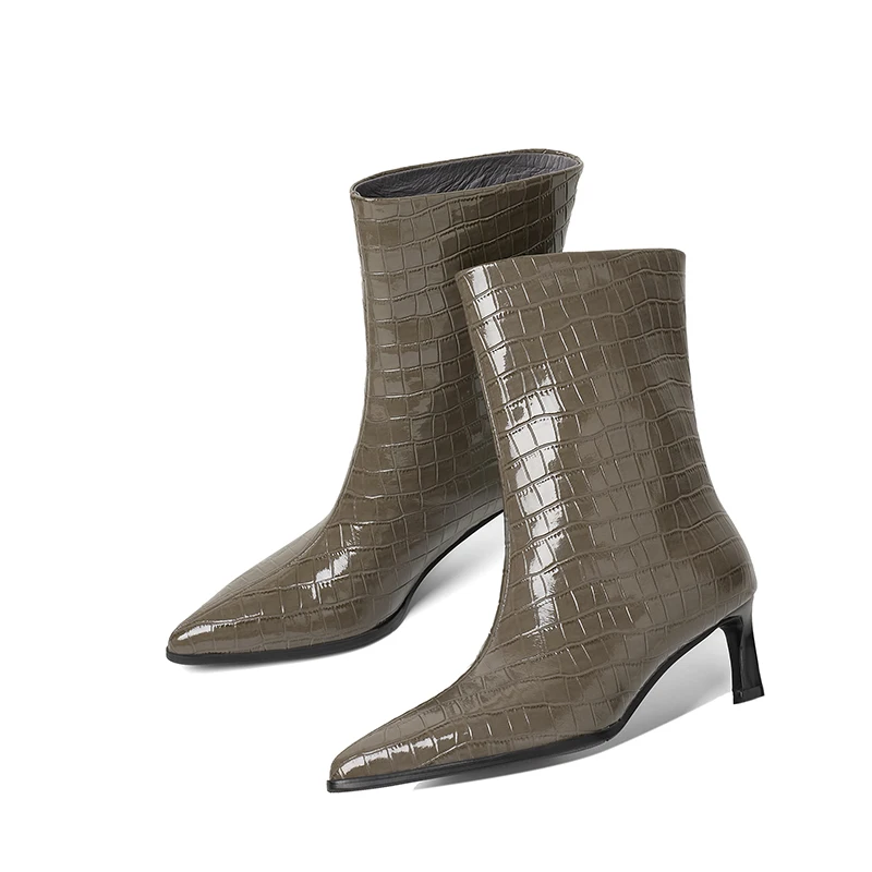 SmallHut New Trend 2027 Women Autumn Winter Split Leather Pattern Ankle Boots Gray Brown Thin Heels Pointed Toe Slip-On Boots