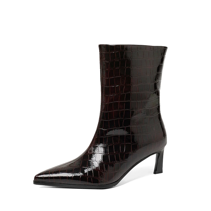 SmallHut New Trend 2027 Women Autumn Winter Split Leather Pattern Ankle Boots Gray Brown Thin Heels Pointed Toe Slip-On Boots