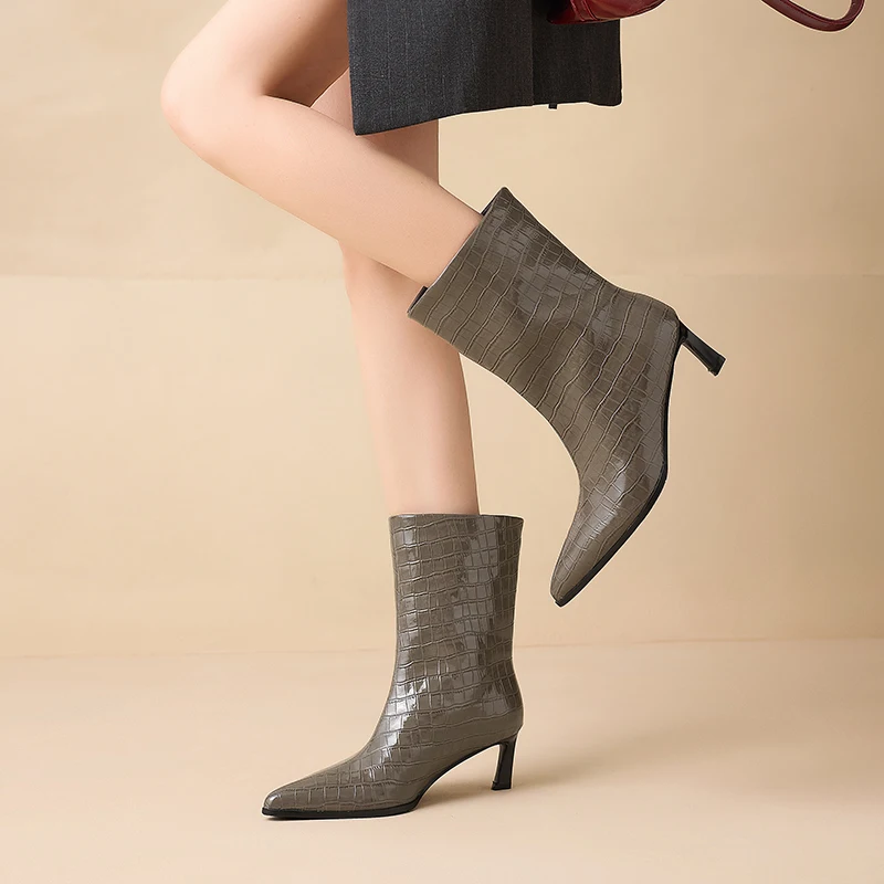 SmallHut New Trend 2027 Women Autumn Winter Split Leather Pattern Ankle Boots Gray Brown Thin Heels Pointed Toe Slip-On Boots