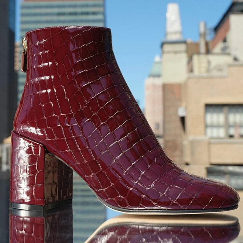 Chunky Heel Round Toe Ankle Booties Back Zipper Burgundy Stone Pattern Handmade 2026 Hot Sale Runway Women Winter Autumn Shoes