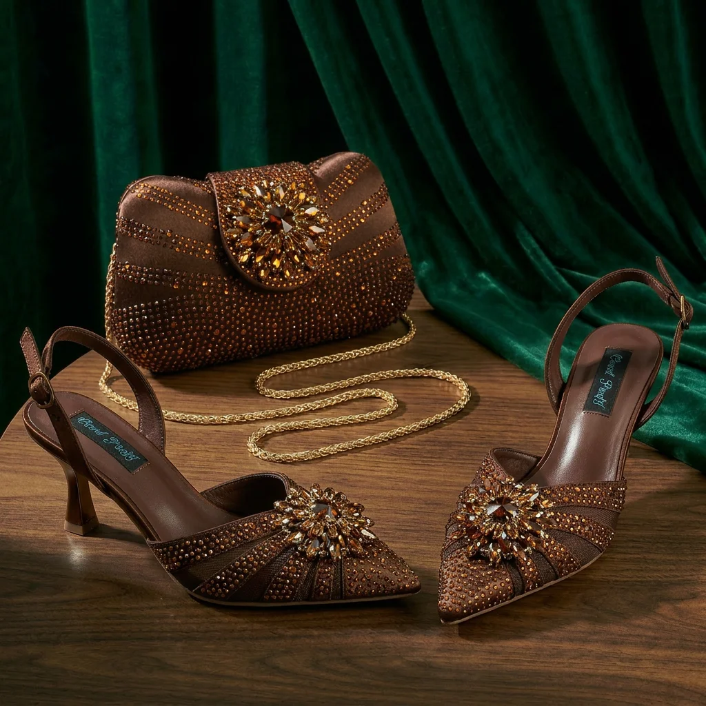 2026 Elegant Purple Color Women's Heels Shoes Bag Set Rhinestone Embellished Designer HAND CRAFTED UPPER Shoes for Special Event