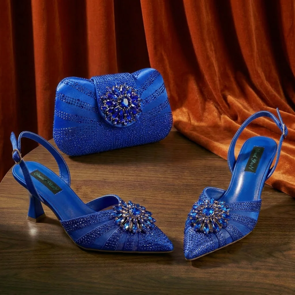 2026 Elegant Purple Color Women's Heels Shoes Bag Set Rhinestone Embellished Designer HAND CRAFTED UPPER Shoes for Special Event