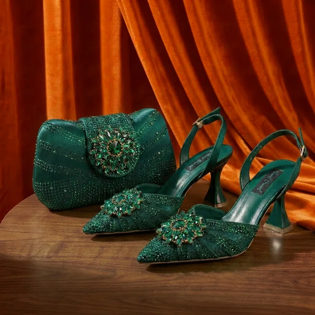 2026 Elegant Purple Color Women's Heels Shoes Bag Set Rhinestone Embellished Designer HAND CRAFTED UPPER Shoes for Special Event