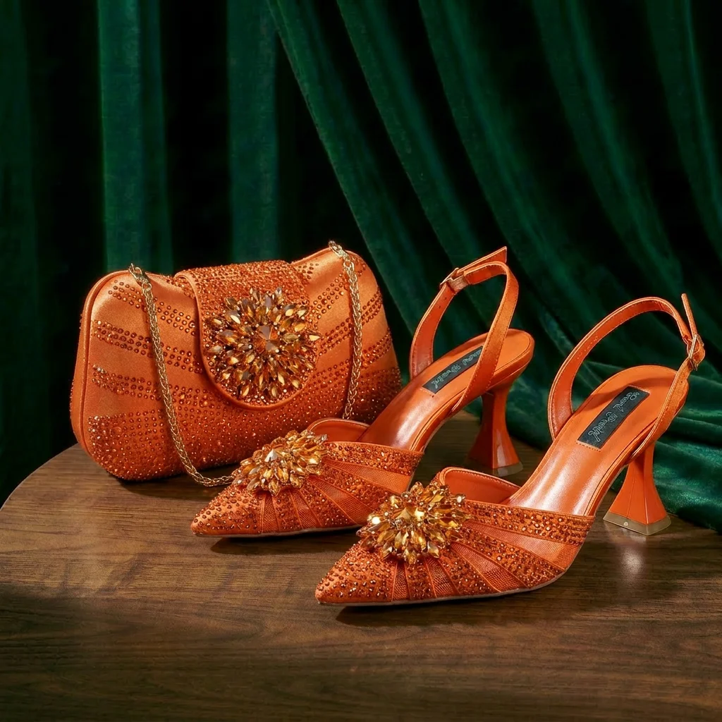 2026 Elegant Purple Color Women's Heels Shoes Bag Set Rhinestone Embellished Designer HAND CRAFTED UPPER Shoes for Special Event