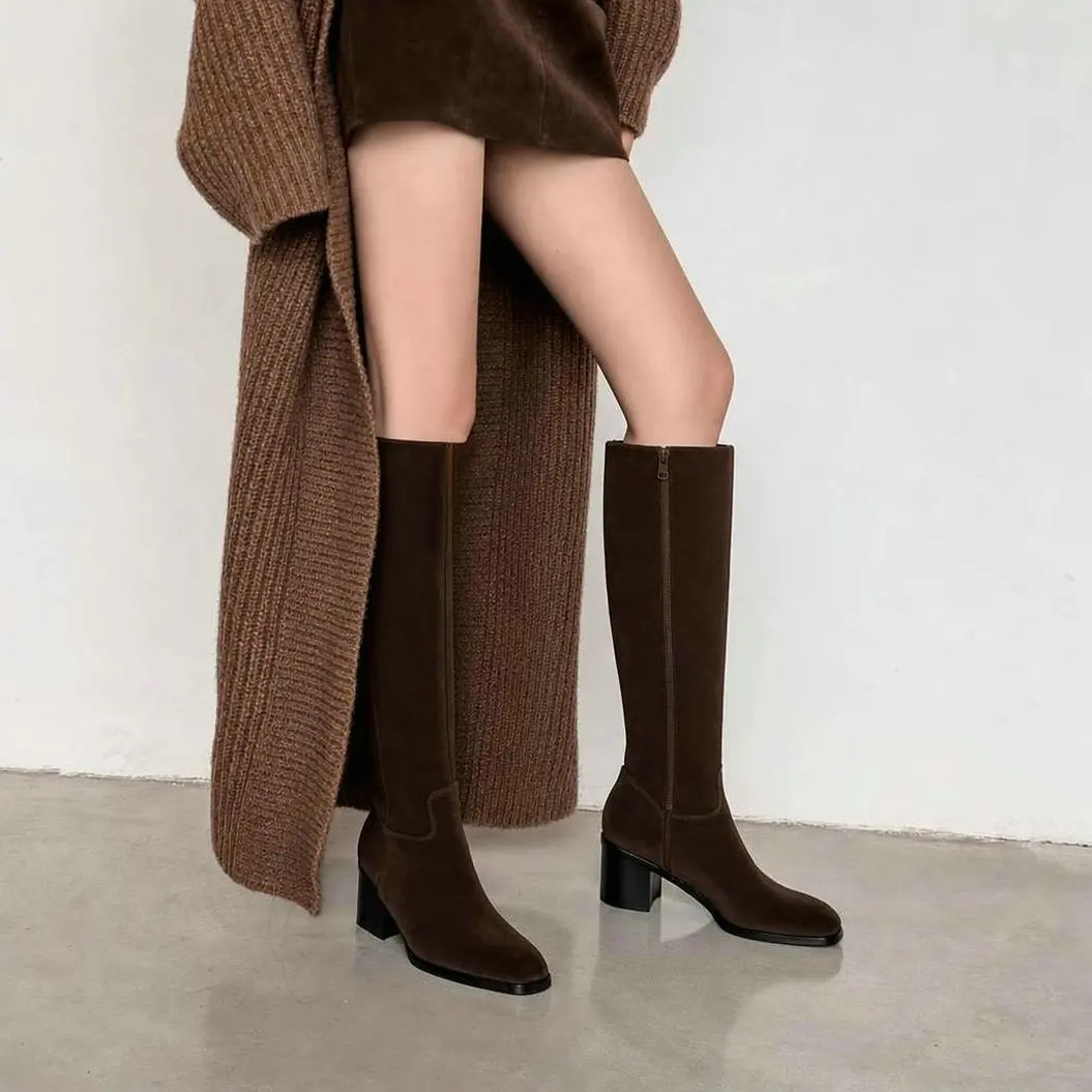QUTAA Fashion Winter Women Knee High Boots Woman Cow Suede Shoes High Heels Autumn Casual Motorcycle Western Long Boots 34-43