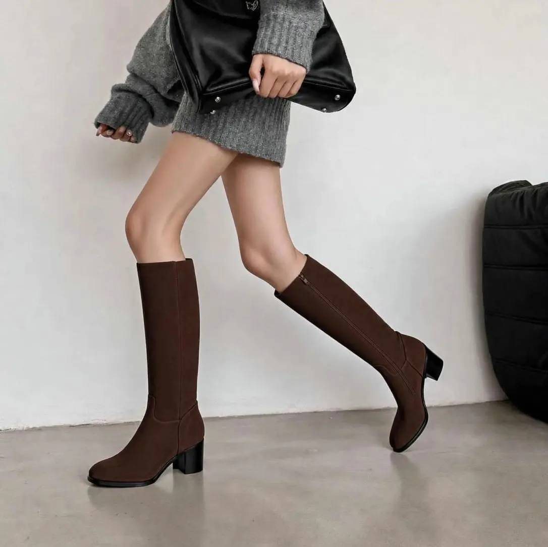 QUTAA Fashion Winter Women Knee High Boots Woman Cow Suede Shoes High Heels Autumn Casual Motorcycle Western Long Boots 34-43