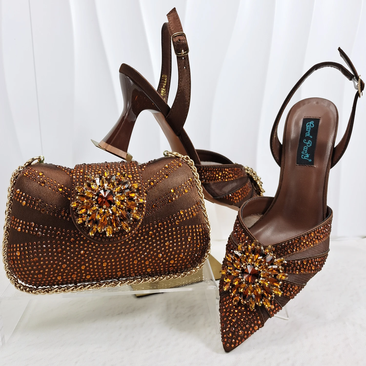 INS Elegant Mature Style Purple Color Party Wedding Pointed Toe Women High Heels and Bag Set Decorated With Colorful Rhinestone