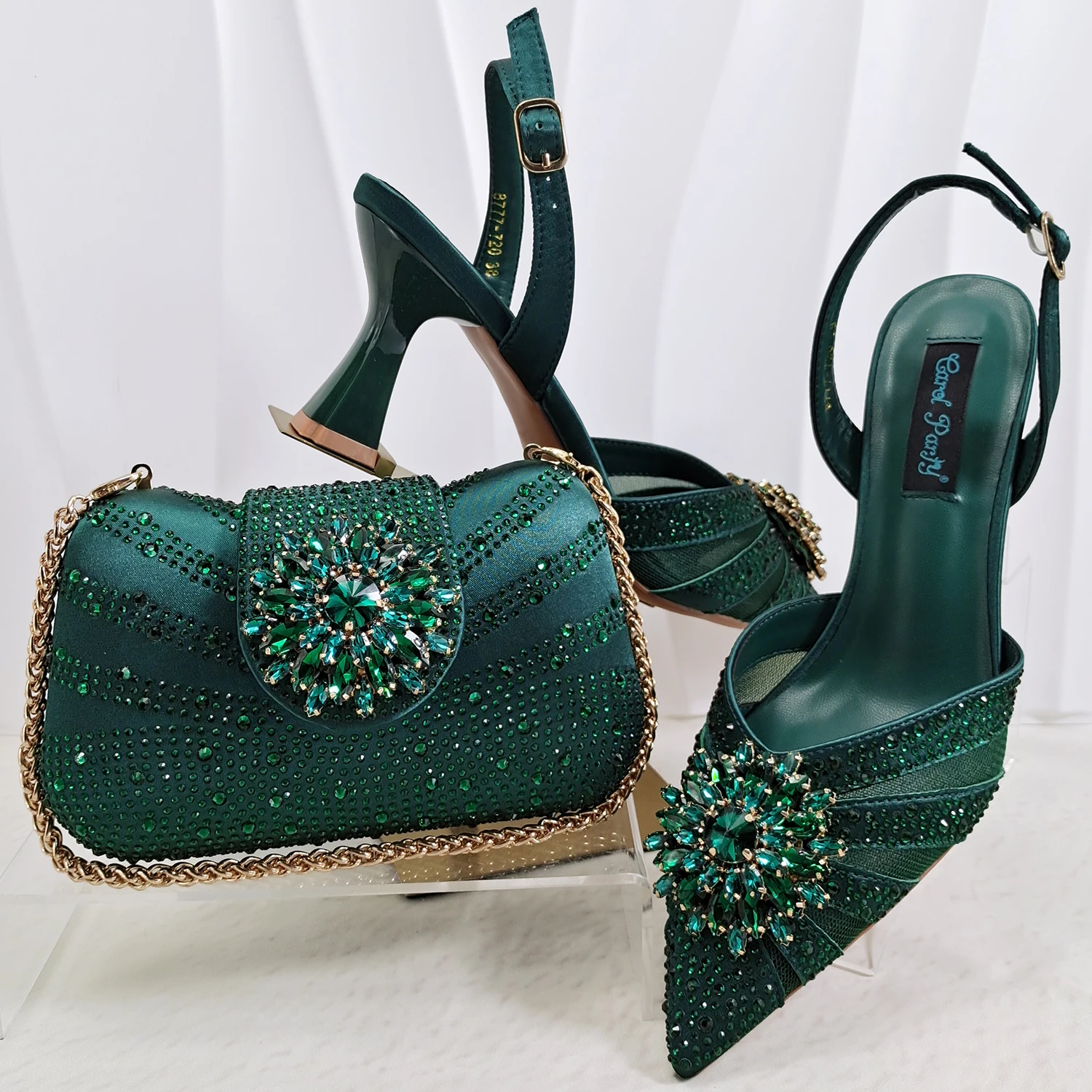 INS Elegant Mature Style Purple Color Party Wedding Pointed Toe Women High Heels and Bag Set Decorated With Colorful Rhinestone