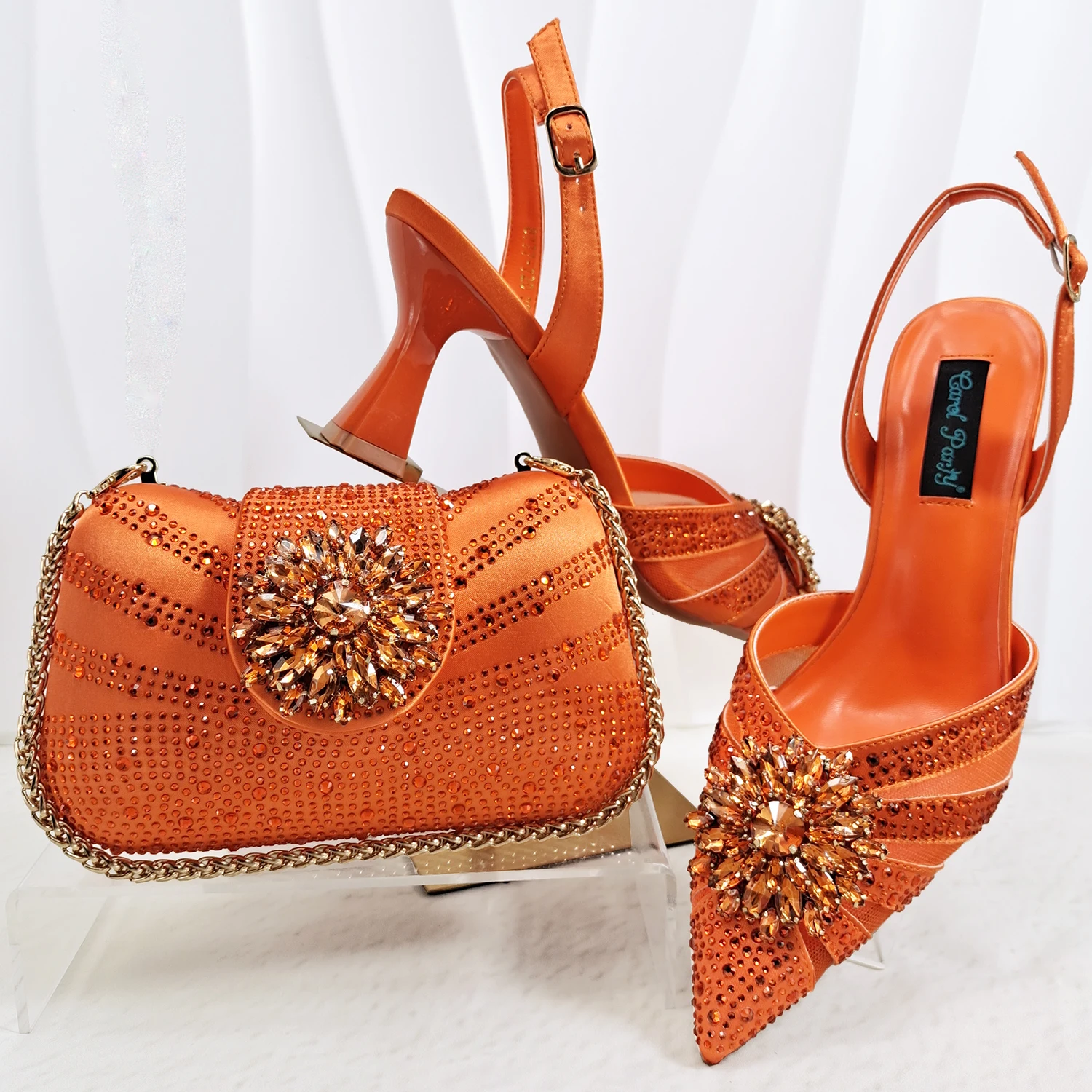 INS Elegant Mature Style Purple Color Party Wedding Pointed Toe Women High Heels and Bag Set Decorated With Colorful Rhinestone
