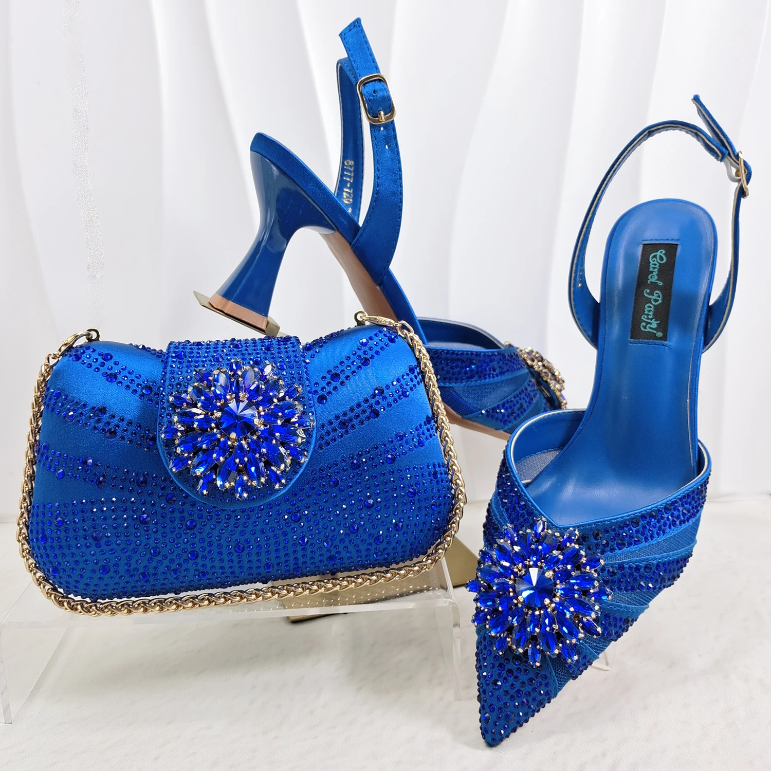 INS Elegant Mature Style Purple Color Party Wedding Pointed Toe Women High Heels and Bag Set Decorated With Colorful Rhinestone