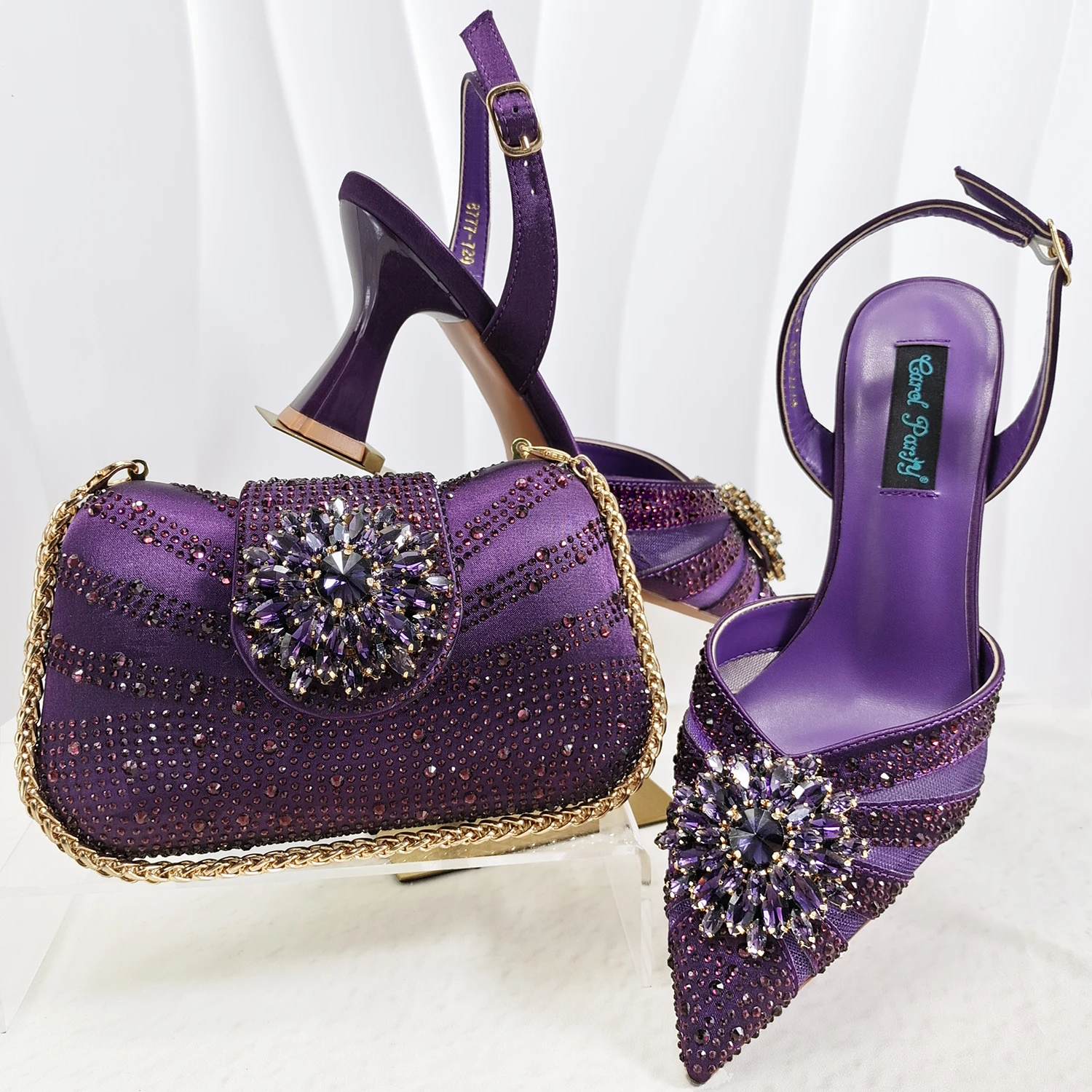 INS Elegant Mature Style Purple Color Party Wedding Pointed Toe Women High Heels and Bag Set Decorated With Colorful Rhinestone
