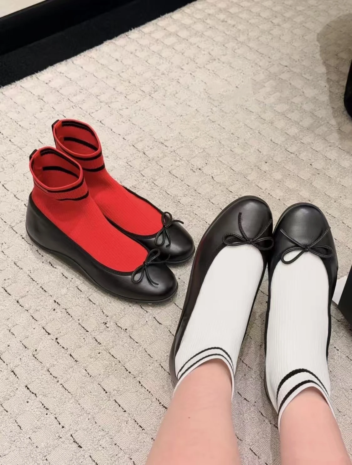 Sweet Bowknot Elastic Sock Boots Women's Genuine Leather Ballet Flat Shoes Patchwork Round Head Low Heel Mary Jane Single Shoes