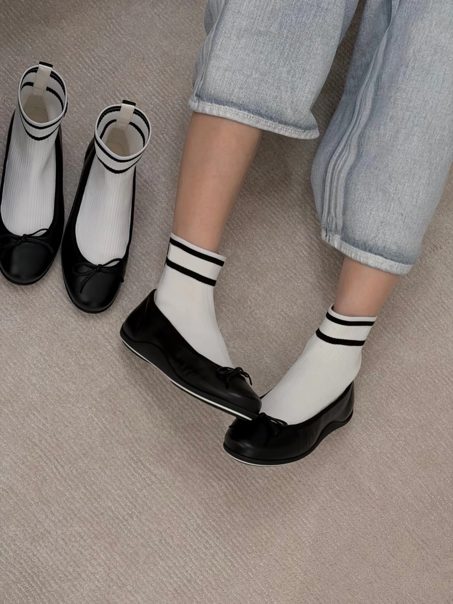 Sweet Bowknot Elastic Sock Boots Women's Genuine Leather Ballet Flat Shoes Patchwork Round Head Low Heel Mary Jane Single Shoes