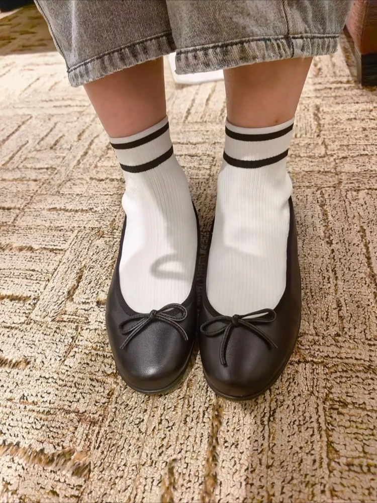 Sweet Bowknot Elastic Sock Boots Women's Genuine Leather Ballet Flat Shoes Patchwork Round Head Low Heel Mary Jane Single Shoes