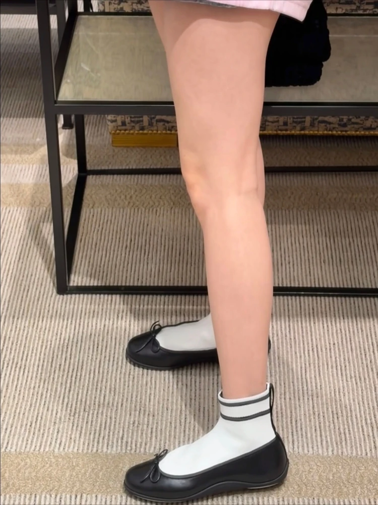 Sweet Bowknot Elastic Sock Boots Women's Genuine Leather Ballet Flat Shoes Patchwork Round Head Low Heel Mary Jane Single Shoes