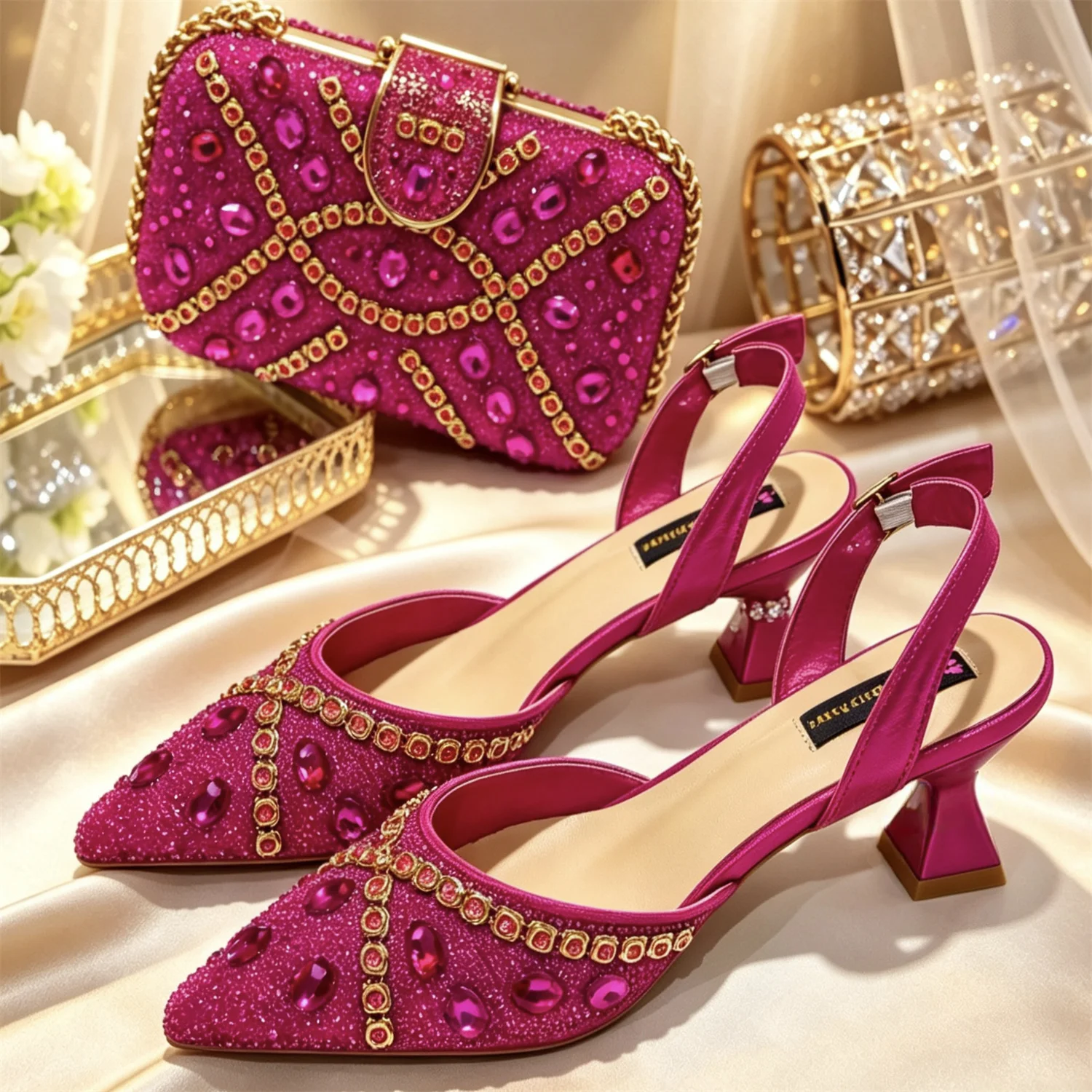 Pointed Toe Women Heels Shoes Bag Set PU Leather High Heel Pumps Matching Handbag for Wedding Party Daily Wear