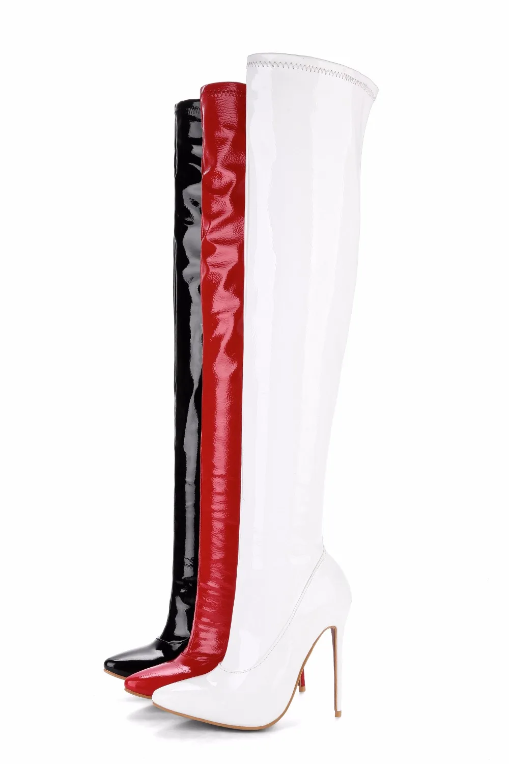 Elastic Thigh High Boots Women Red Thin Heels Over-the-knee Boot Sexy Zipper Nightclub Dance Ladies Long Latex Shoes Big Size 45