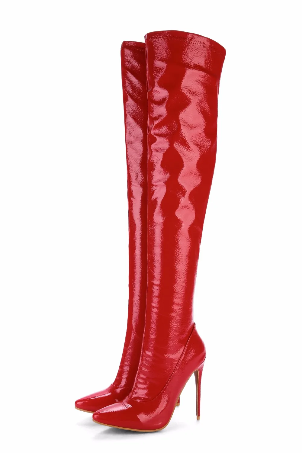 Elastic Thigh High Boots Women Red Thin Heels Over-the-knee Boot Sexy Zipper Nightclub Dance Ladies Long Latex Shoes Big Size 45