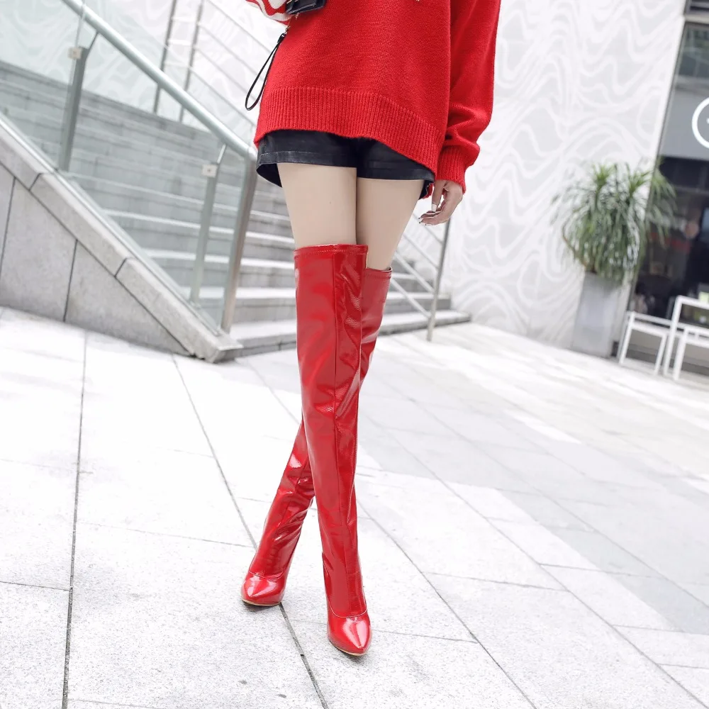 Elastic Thigh High Boots Women Red Thin Heels Over-the-knee Boot Sexy Zipper Nightclub Dance Ladies Long Latex Shoes Big Size 45