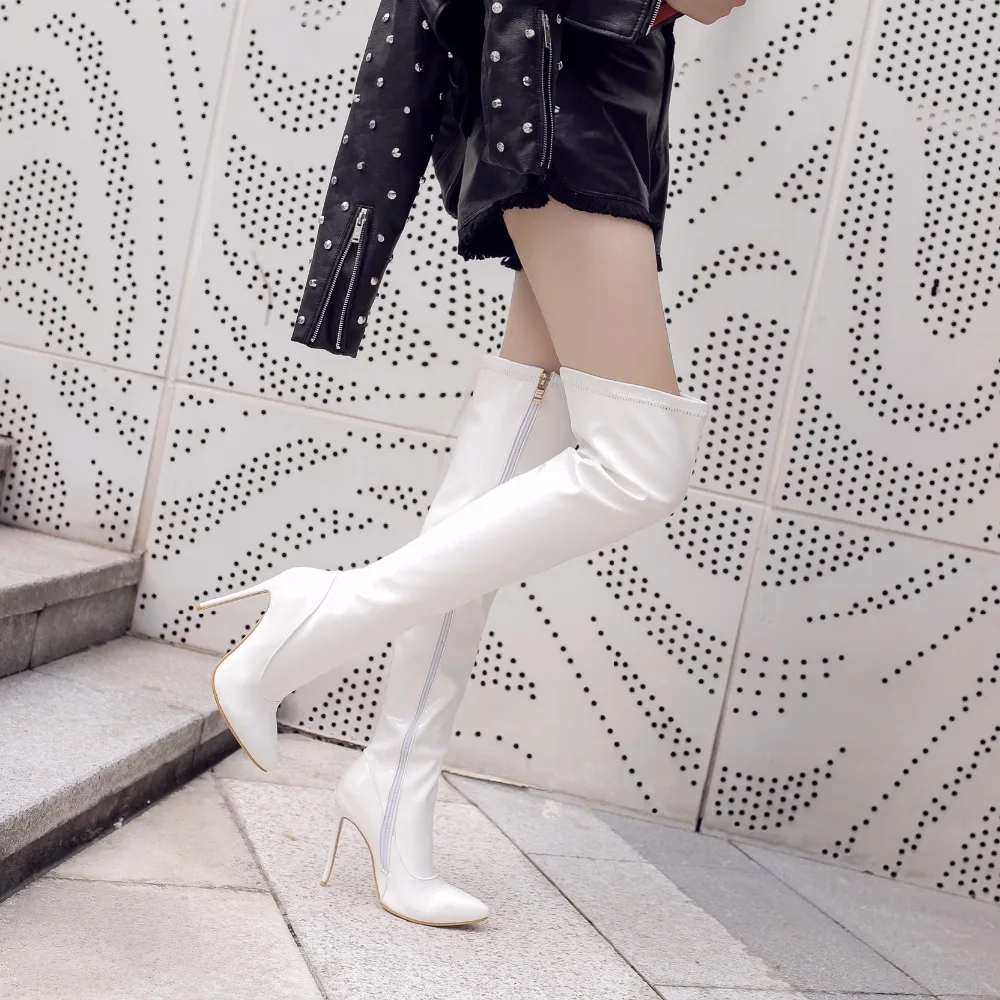 Elastic Thigh High Boots Women Red Thin Heels Over-the-knee Boot Sexy Zipper Nightclub Dance Ladies Long Latex Shoes Big Size 45