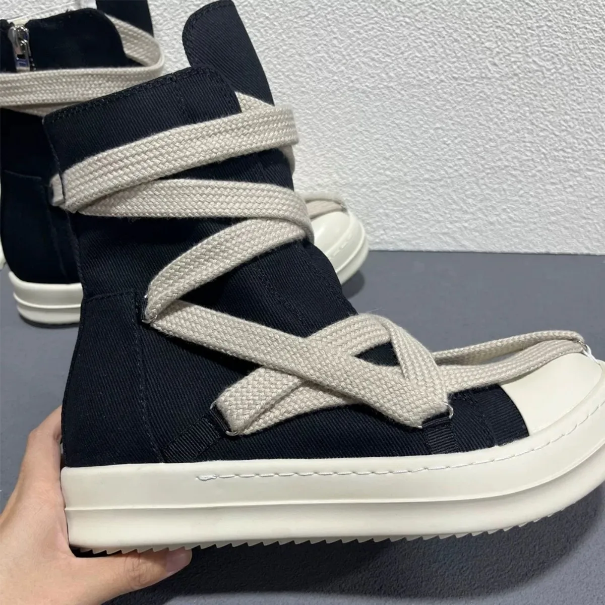 Brand Men Sneakers Jumbo Laces Black Canvas Casual Shoes Pentagram Luxury Designer High Top Shoe Women Zipper Flat Ankle Boots