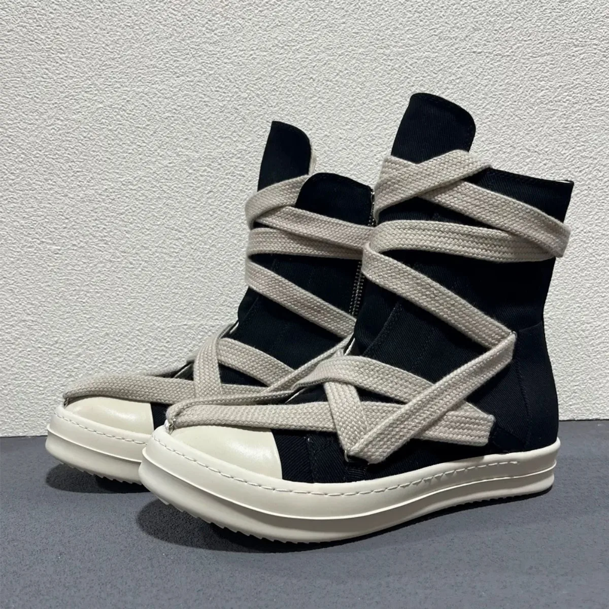 Brand Men Sneakers Jumbo Laces Black Canvas Casual Shoes Pentagram Luxury Designer High Top Shoe Women Zipper Flat Ankle Boots