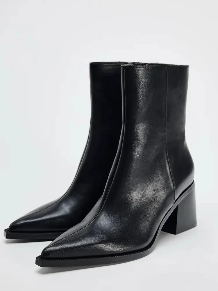 Chunky Heel Soft Leather Chelsea Boots Women Sexy Pointy Toe Side Zip Design Ankle Boots for Ladies Comfortable Women Shoes
