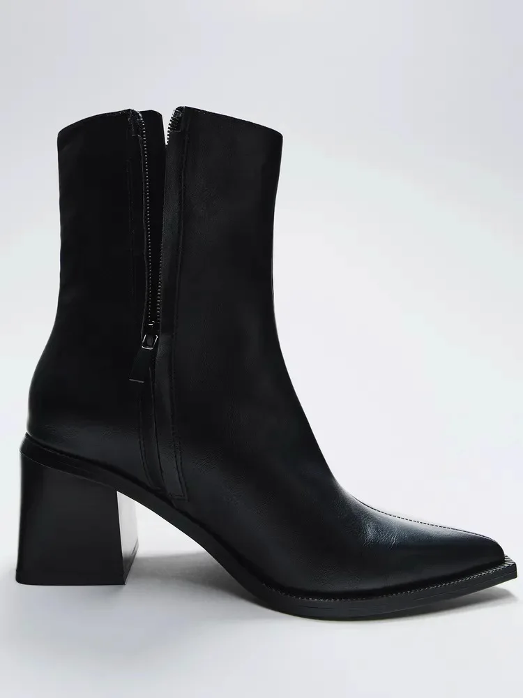 Chunky Heel Soft Leather Chelsea Boots Women Sexy Pointy Toe Side Zip Design Ankle Boots for Ladies Comfortable Women Shoes