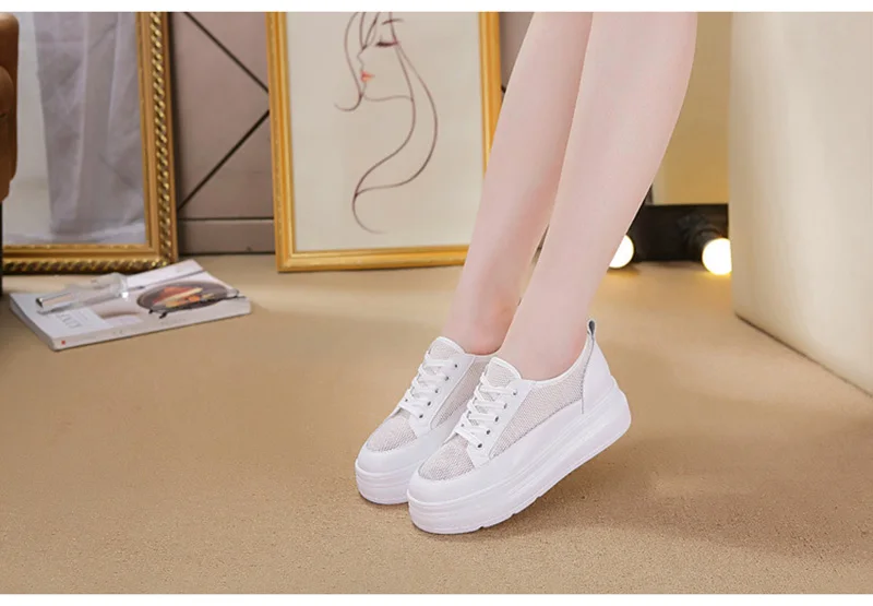 Genuine Leather Shoes Women Sneakers Height Increasing Shoes Casual Woman White Footwear New Spring Summer Thick Sole 5cm A1437