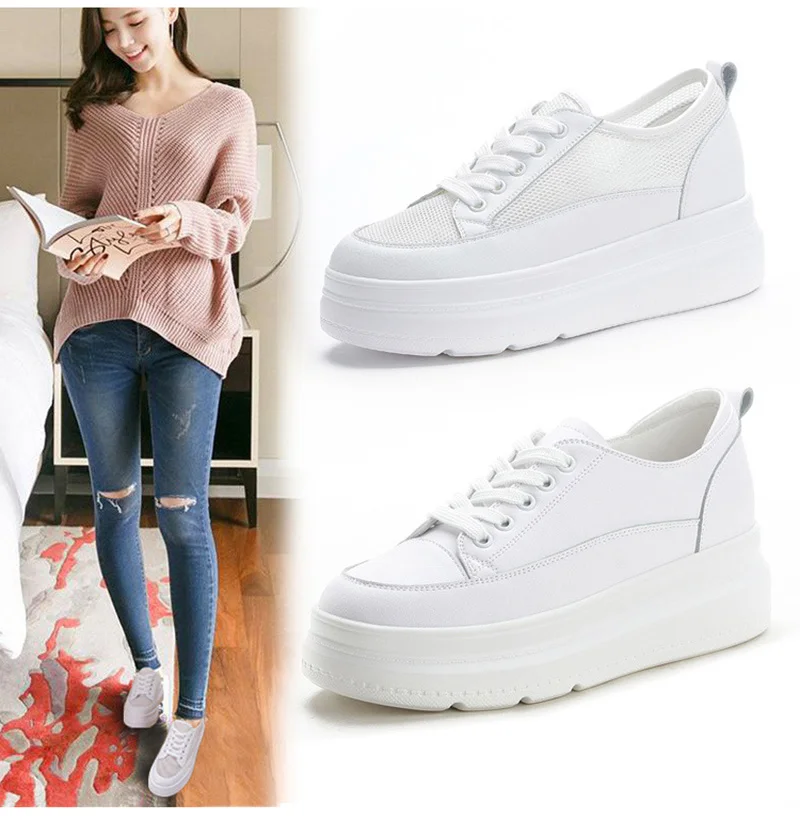 Genuine Leather Shoes Women Sneakers Height Increasing Shoes Casual Woman White Footwear New Spring Summer Thick Sole 5cm A1437