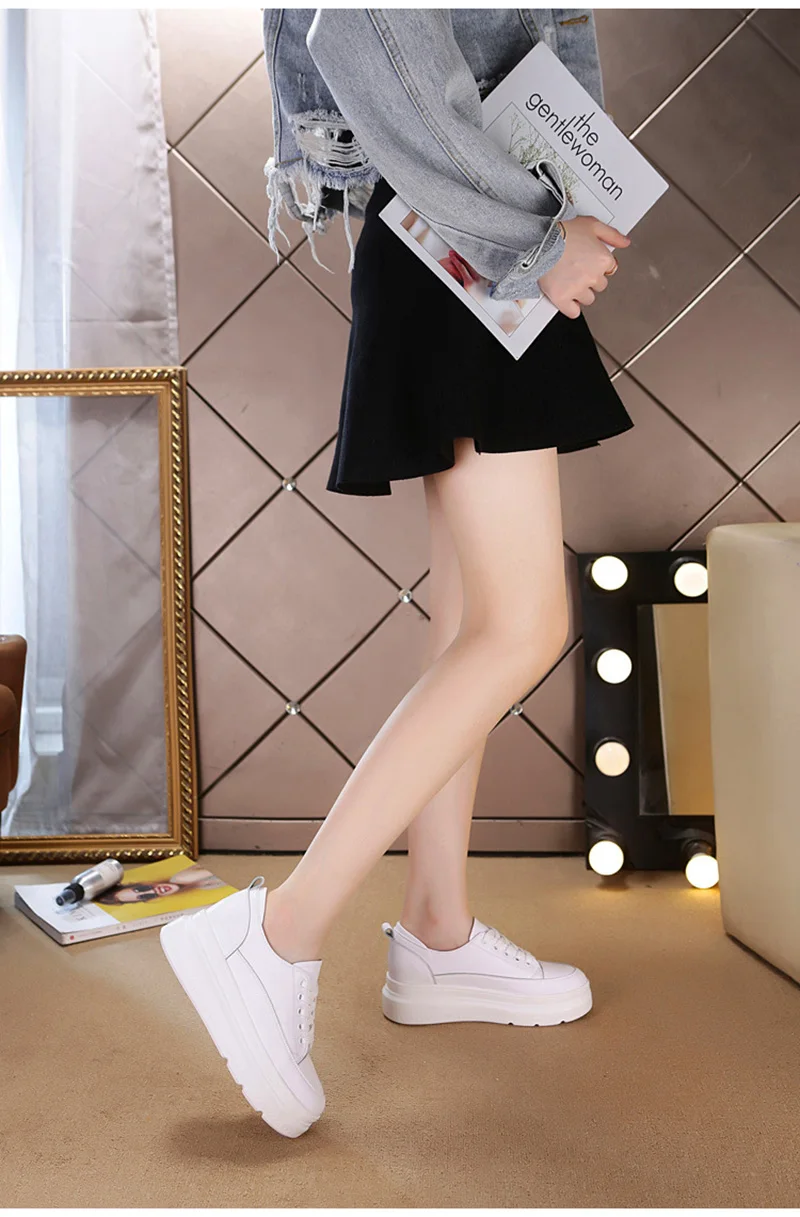 Genuine Leather Shoes Women Sneakers Height Increasing Shoes Casual Woman White Footwear New Spring Summer Thick Sole 5cm A1437