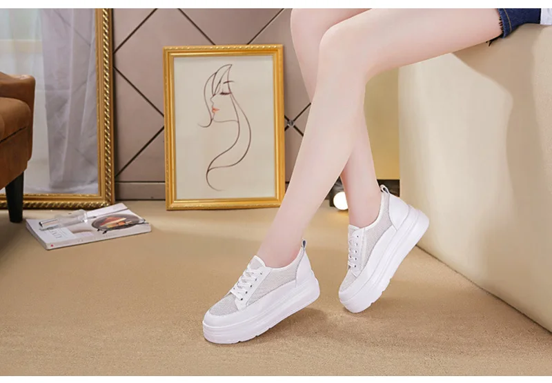 Genuine Leather Shoes Women Sneakers Height Increasing Shoes Casual Woman White Footwear New Spring Summer Thick Sole 5cm A1437