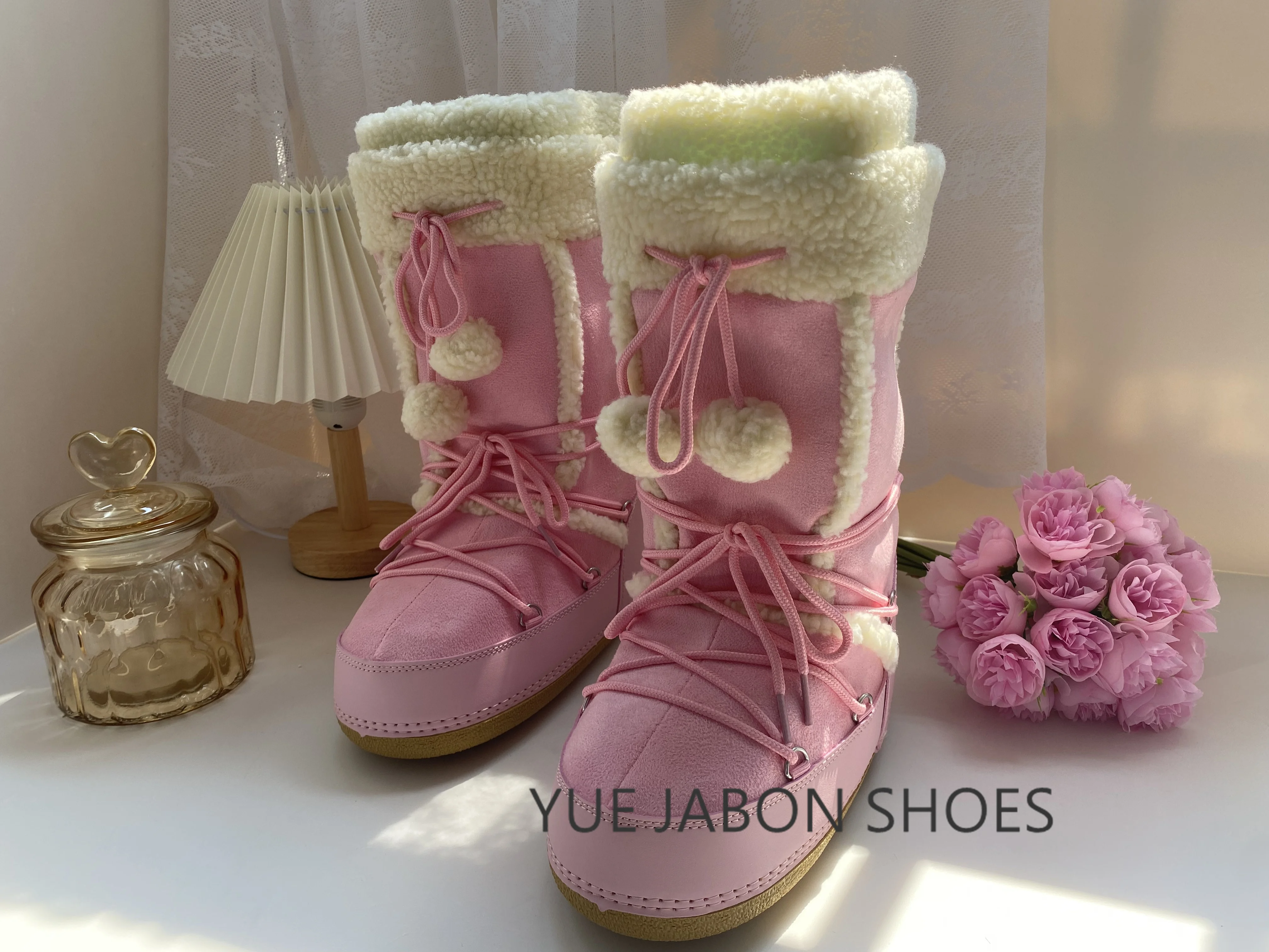 Pink Women Snow Boots Winter Female Boots Thick Outdoor Waterproof Non-slip Mid-calf Boots Fashion Warm Fur Woman Winter Shoes