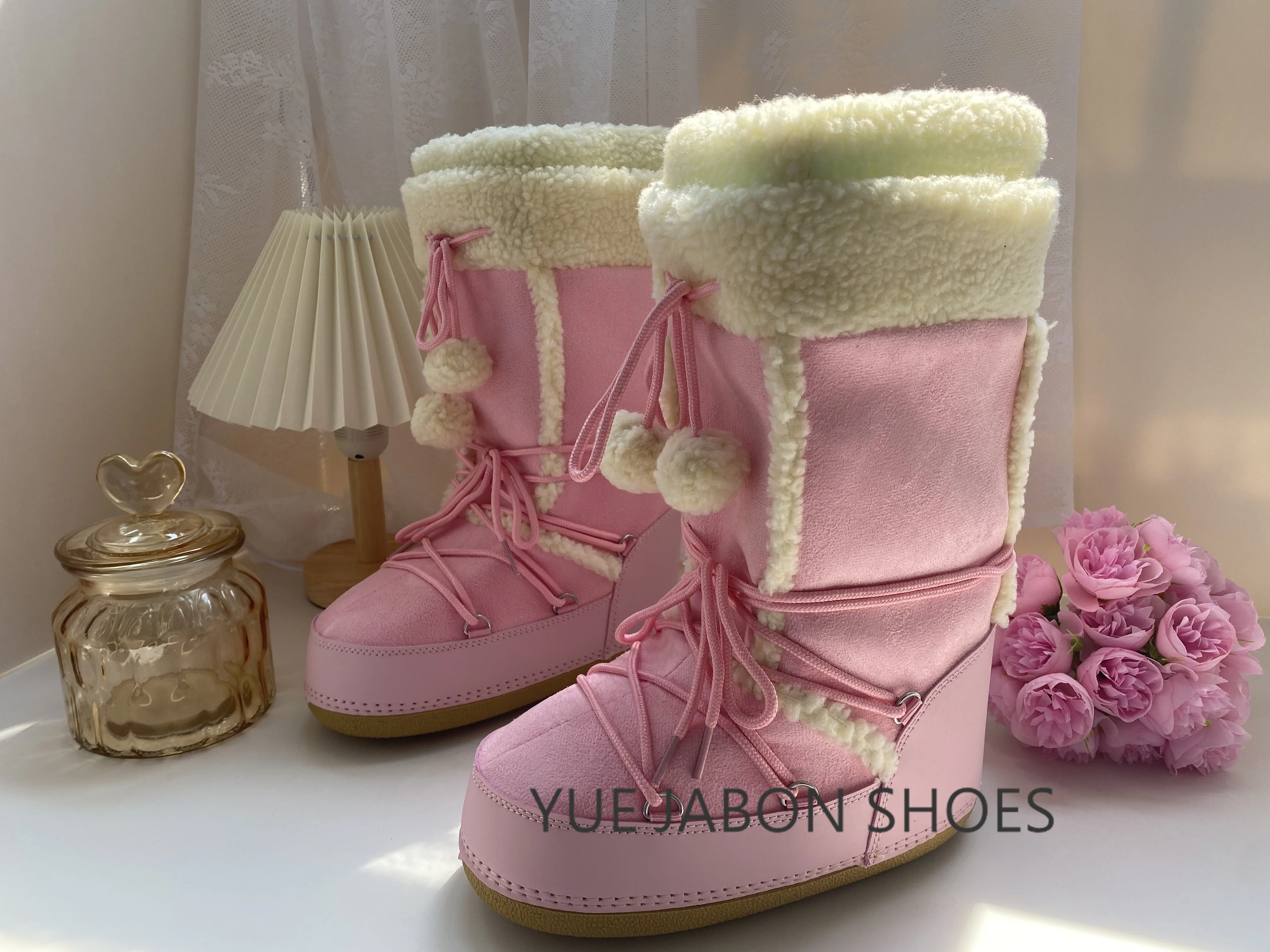 Pink Women Snow Boots Winter Female Boots Thick Outdoor Waterproof Non-slip Mid-calf Boots Fashion Warm Fur Woman Winter Shoes