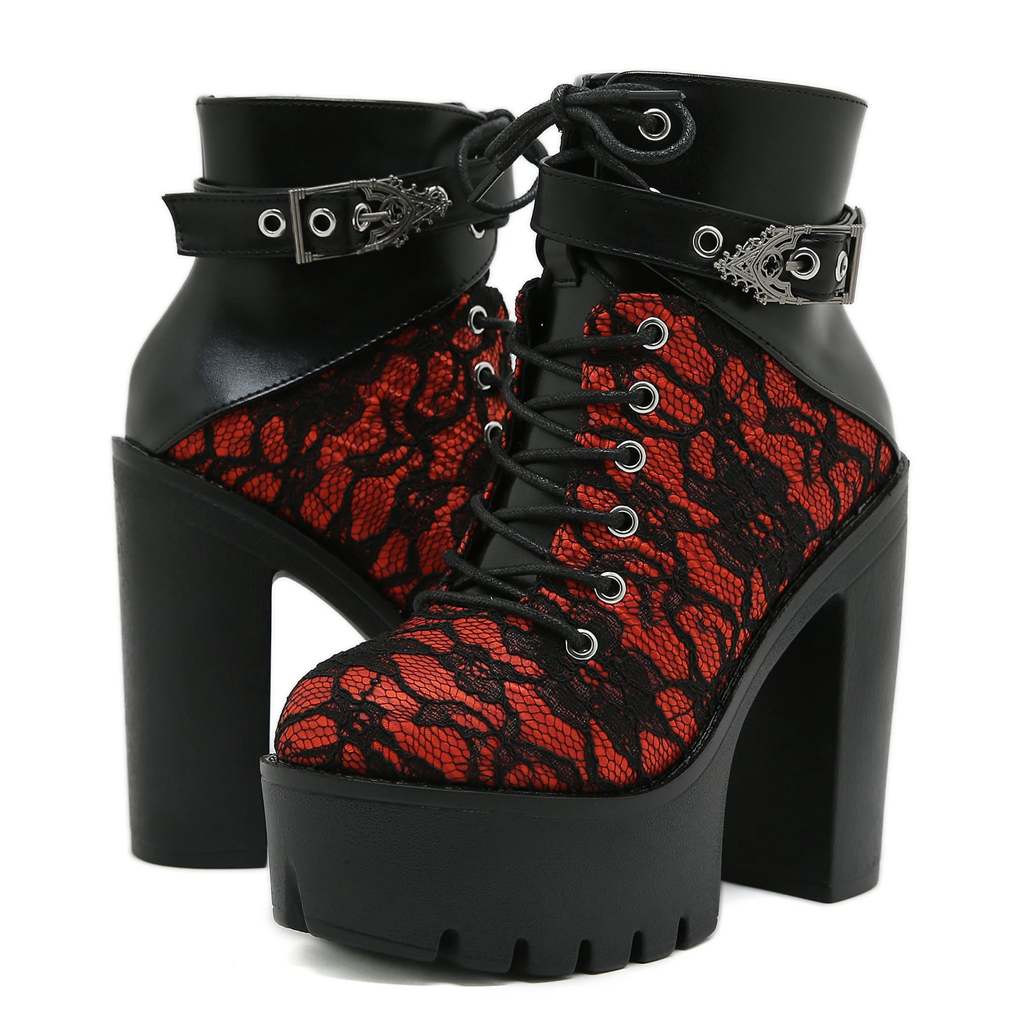 Gdgydh Gothic Vintage Lace Red High Heel Ankle Boots with Platform Sole Ankle Strap Women Boots for Dressy Occasions Cosplay