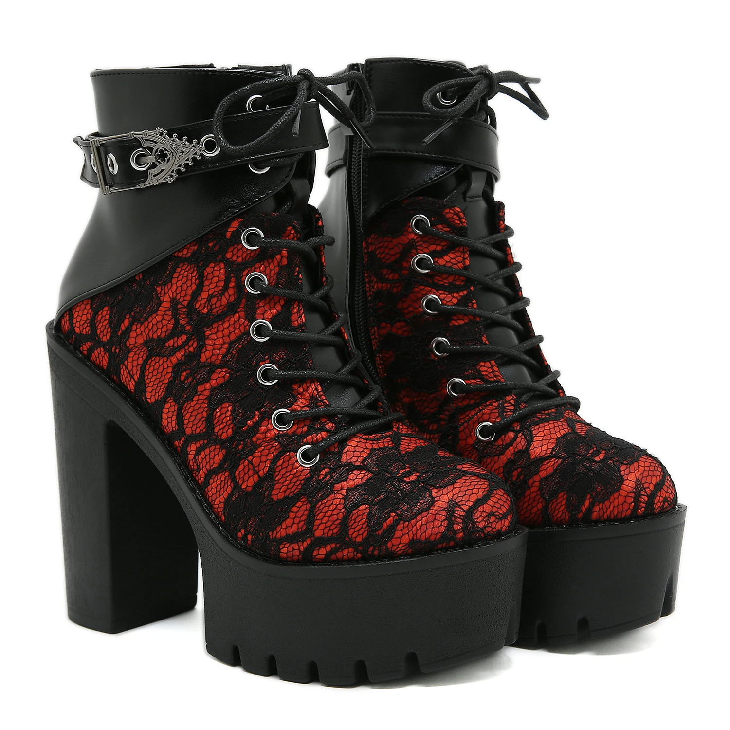 Gdgydh Gothic Vintage Lace Red High Heel Ankle Boots with Platform Sole Ankle Strap Women Boots for Dressy Occasions Cosplay