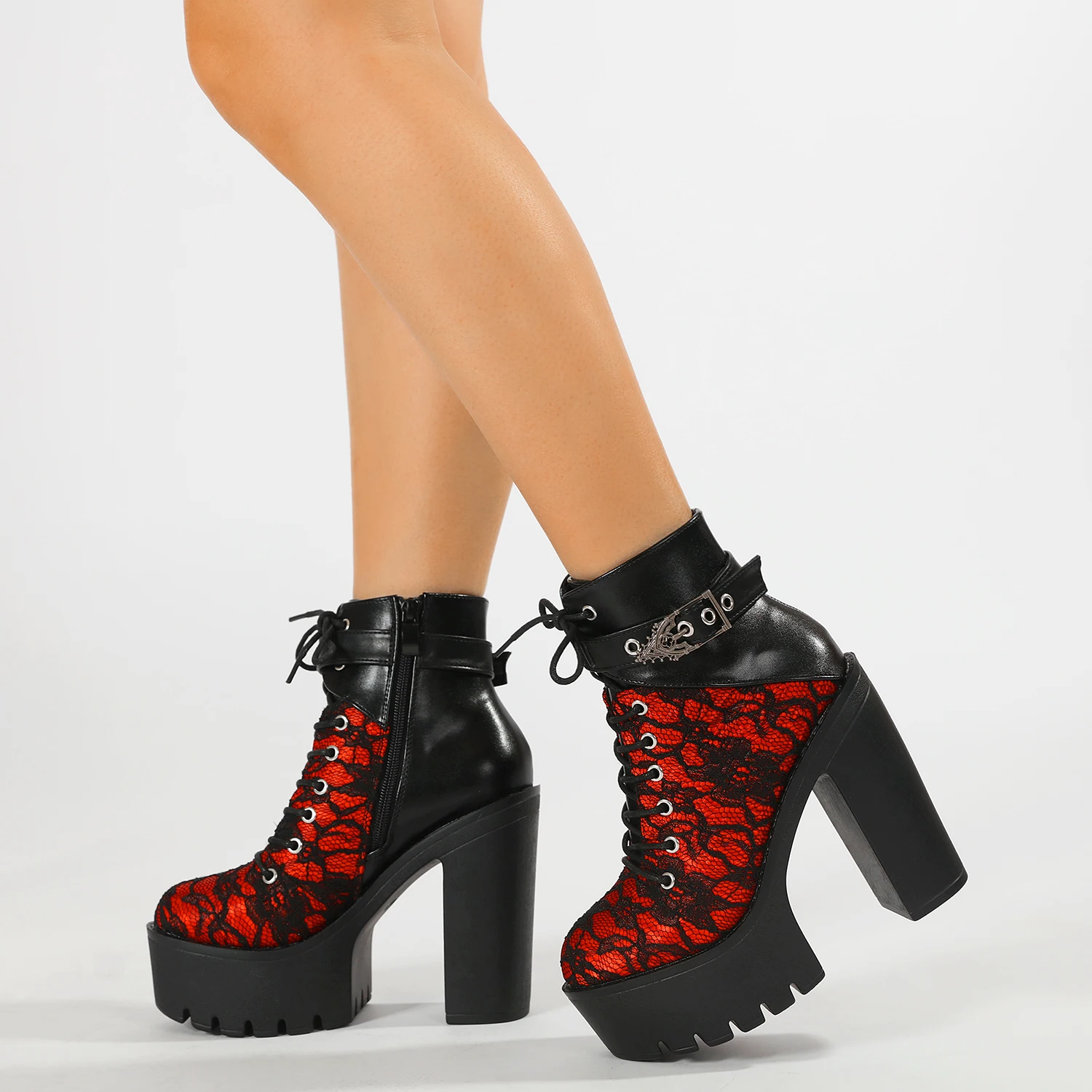 Gdgydh Gothic Vintage Lace Red High Heel Ankle Boots with Platform Sole Ankle Strap Women Boots for Dressy Occasions Cosplay