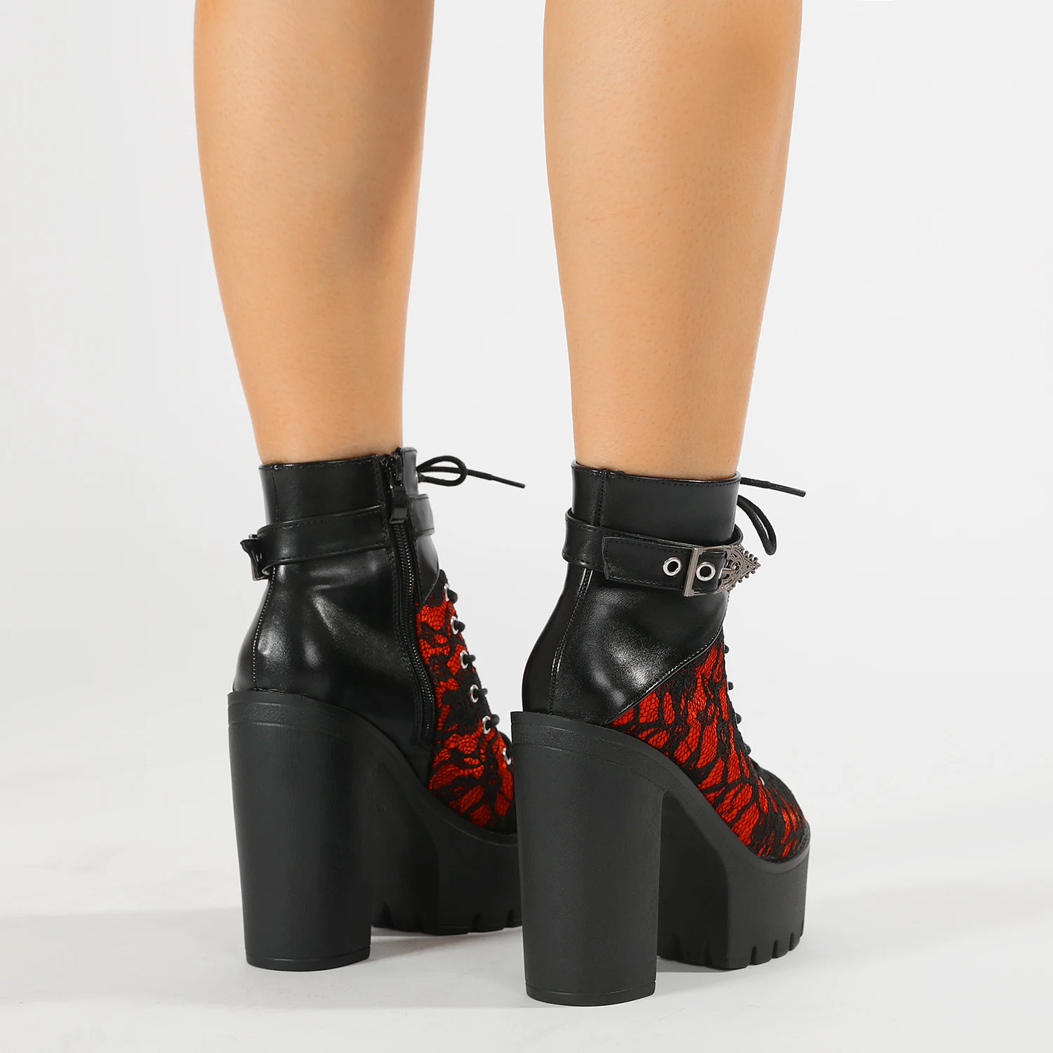Gdgydh Gothic Vintage Lace Red High Heel Ankle Boots with Platform Sole Ankle Strap Women Boots for Dressy Occasions Cosplay