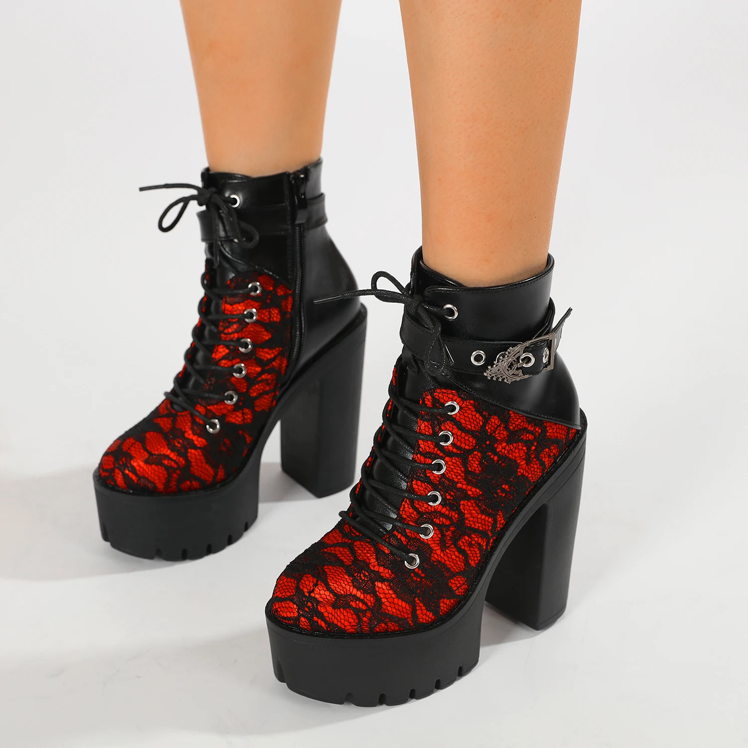 Gdgydh Gothic Vintage Lace Red High Heel Ankle Boots with Platform Sole Ankle Strap Women Boots for Dressy Occasions Cosplay