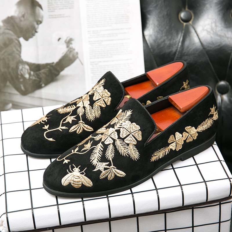 New Loafers for Men Flock Embroider Black Casual Shoes Slip-On Breathable Handmade Free Shipping Mens Dress Shoes Size 38-48