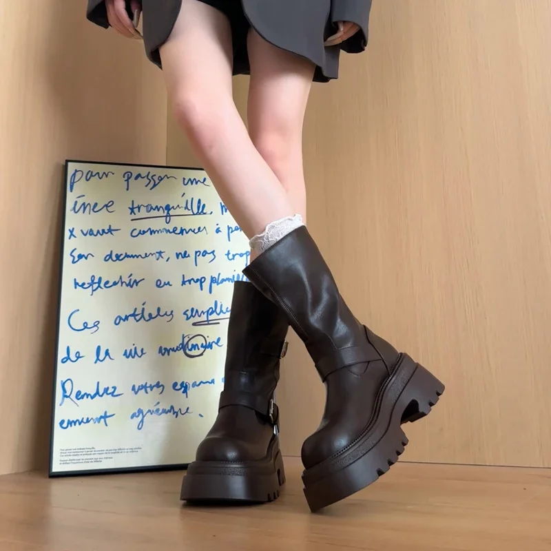 Slim Fit Motorcycle Mid Calf Boots Women Platform Thick Sole Double Buckle Strap Faux Leather Slip On Autumn Winter Ladies Boots