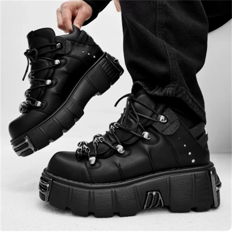 Punk Style Man Platform Shoes Lace-Up Round Toe Thick Bottom Boots Fashion Women Gothic Metal Decoration Casual Shoes 2026 New