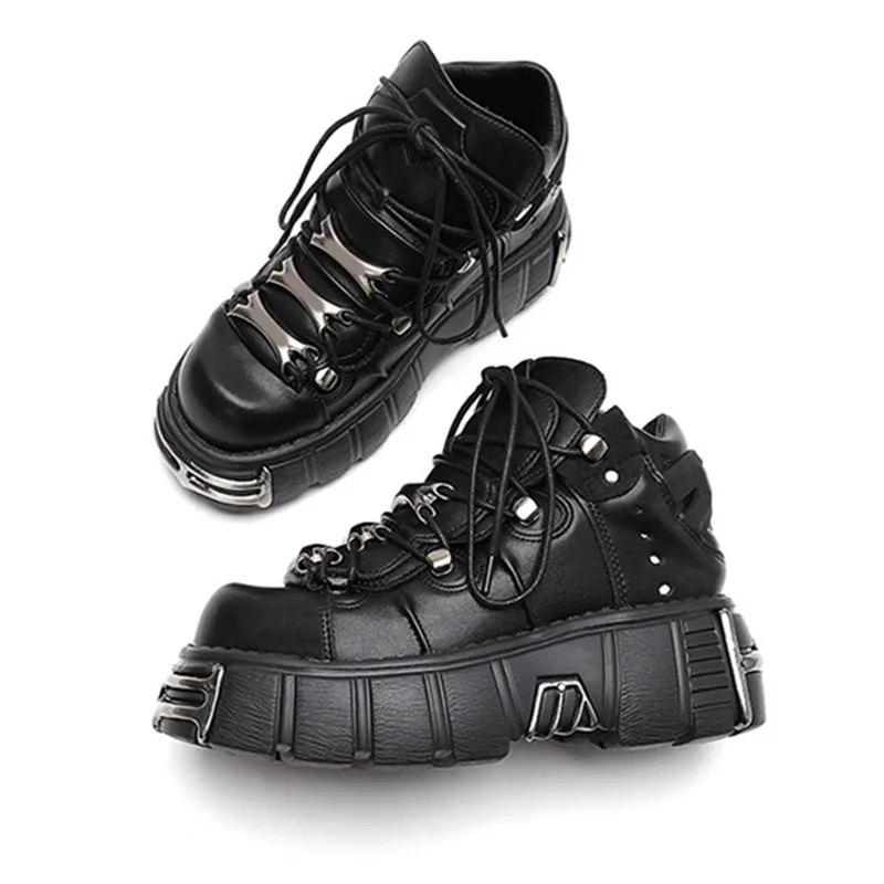Punk Style Man Platform Shoes Lace-Up Round Toe Thick Bottom Boots Fashion Women Gothic Metal Decoration Casual Shoes 2026 New